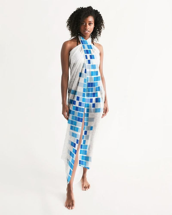 Uniquely You Sheer Mosaic Squares Blue and White Swimsuit Cover Up