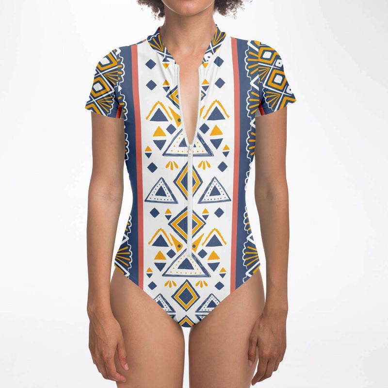 Women's Short Sleeve Bodysuit, Blue & White Paisley Print - Swimsuit / Swimwear