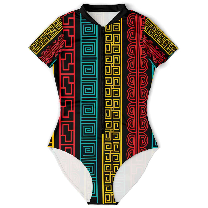 Women's Short Sleeve Bodysuit, Colorful Geometric Print - Swimsuit / Swimwear