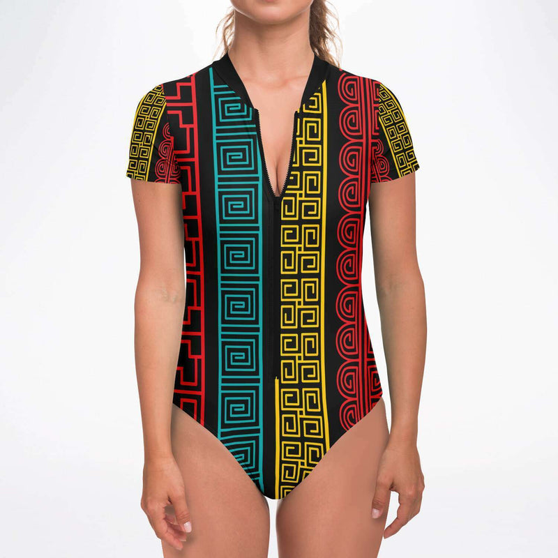 Women's Short Sleeve Bodysuit, Colorful Geometric Print - Swimsuit