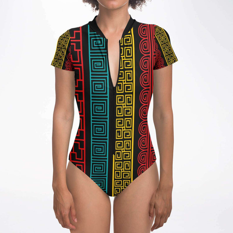 Women's Short Sleeve Bodysuit, Colorful Geometric Print - Swimsuit / Swimwear
