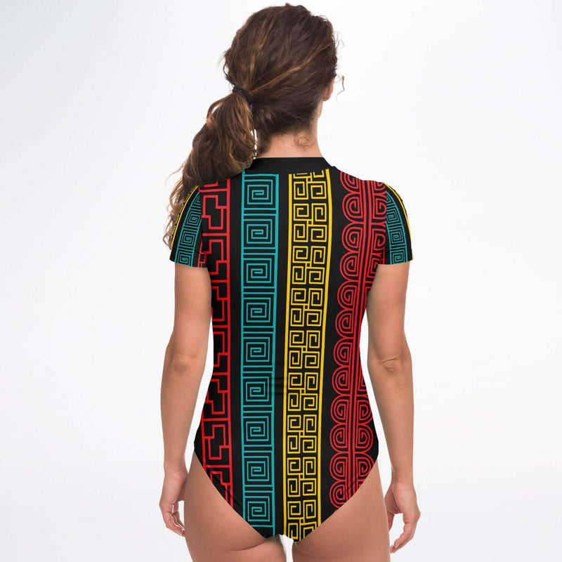 Women's Short Sleeve Bodysuit, Colorful Geometric Print - Swimsuit /  Swimwear – Sun Staples Store 2022