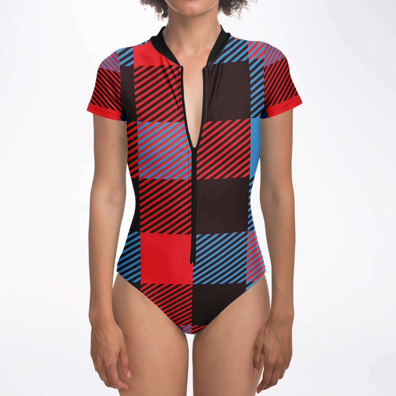 Women's Short Sleeve Bodysuit, Red Tartan Print - Swimsuit / Swimwear