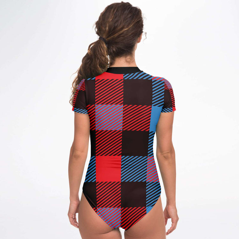 Women's Short Sleeve Bodysuit, Red Tartan Print - Swimsuit / Swimwear